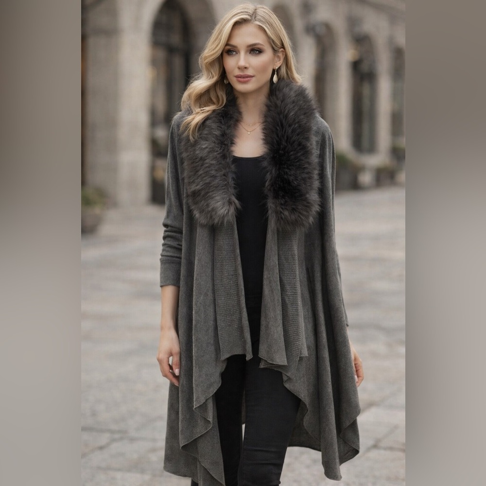 Sioni‎ Women Cardigan Sweater M Open Gray Fur Collar Detach Knit Soft Stretch